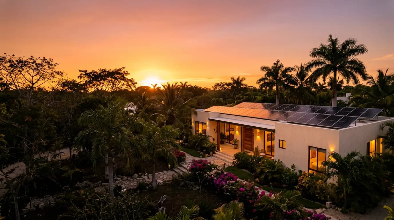 Casa en Mérida con paneles solares en el techo al atardecer, rodeada de palmeras