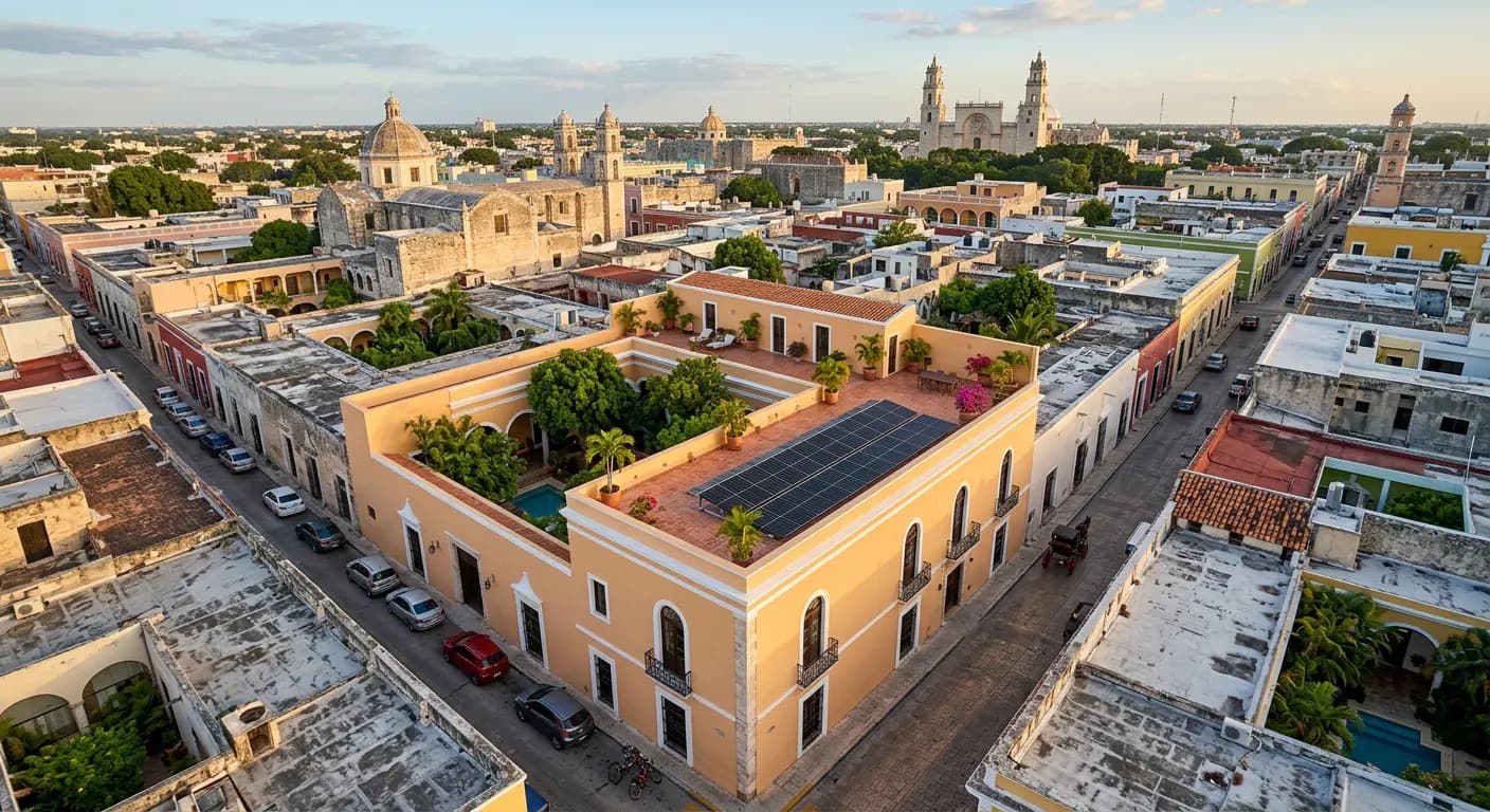 Casa colonial en el Centro de Mérida con paneles solares discretos en la azotea