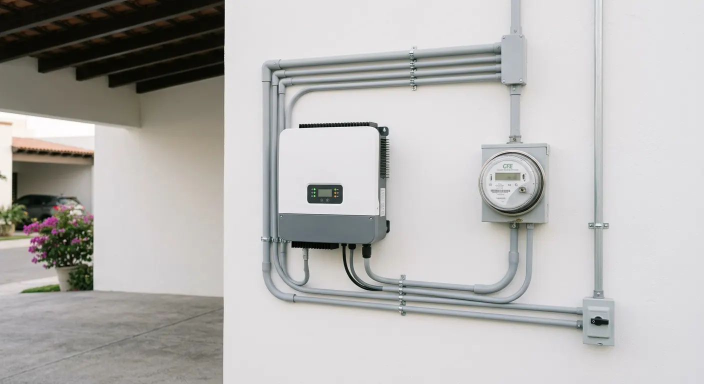 Inversor solar instalado en la pared de una cochera junto al medidor de CFE