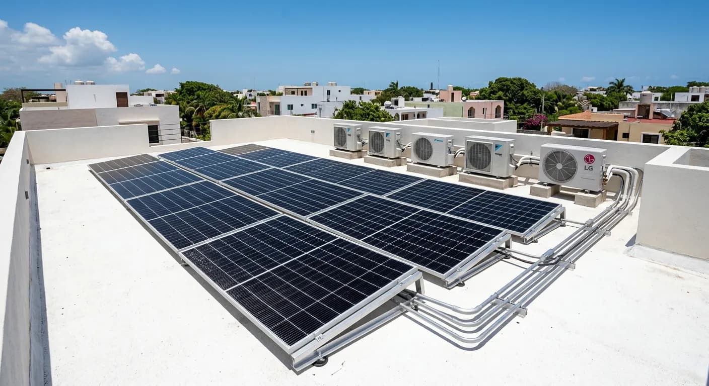 Azotea residencial con paneles solares junto a condensadores de minisplits
